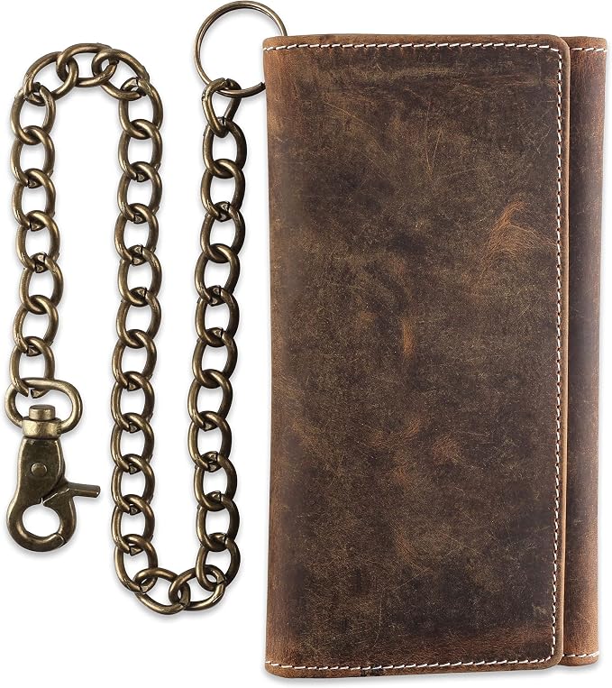 F&L CLASSIC Chain Wallets for Men buffalo premium leather RFID blocking long style Tri-fold for Trucker, bikers, vintage look,buff hunter White stitching,212 - Image 5