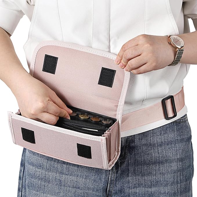 BSTKEY US Coin Holder Coin Dispenser, Fanny Pack with Banknote Waiters Purse Coin Sorter Coin Organizer, Coin Storage Bag with Belt for Waitress Server Collector Cashier Change （Pink） - Image 6