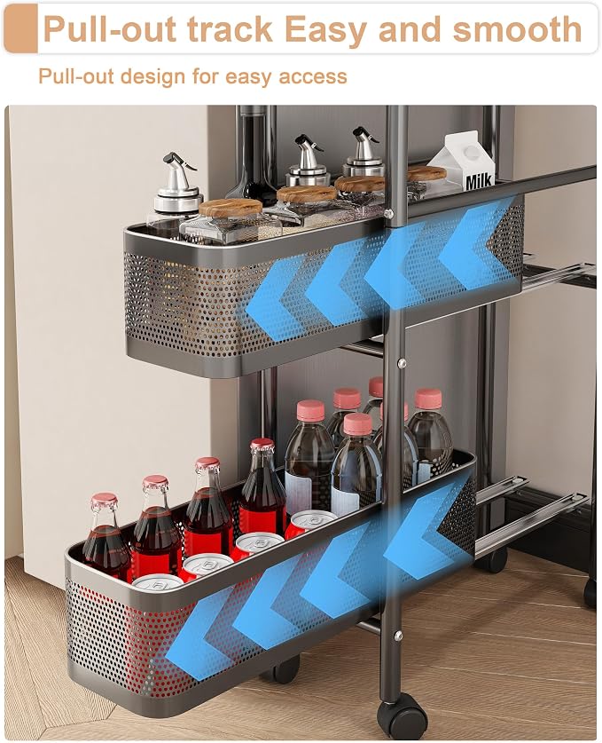 UMDONX 5-Tier Narrow Mobile Storage Cart with Pull-Out Baskets | The Multifunctional Pull-out Storage Rack Is Suitable for Bathrooms, Kitchens, and Laundry Rooms - Image 4
