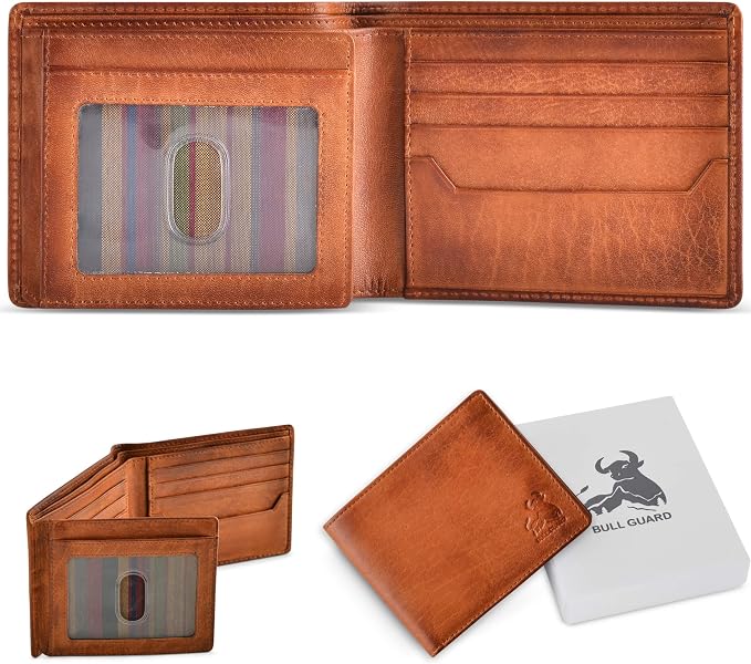 BULL GUARD RFID Blocking Bifold Wallets for Men, Brown Full Grain Leather Credit Card Wallet with 2 ID Windows Premium Security and High Capacity | RFID Blocking - Image 4