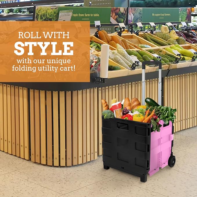 Inspired Living Ultra-Slim Rolling Collapsible Storage Pack-N-Roll Utility-carts, with Telescopic Handle, for Home, Garden, Shopping, Office, School use, Large, Pink & Black - Image 7