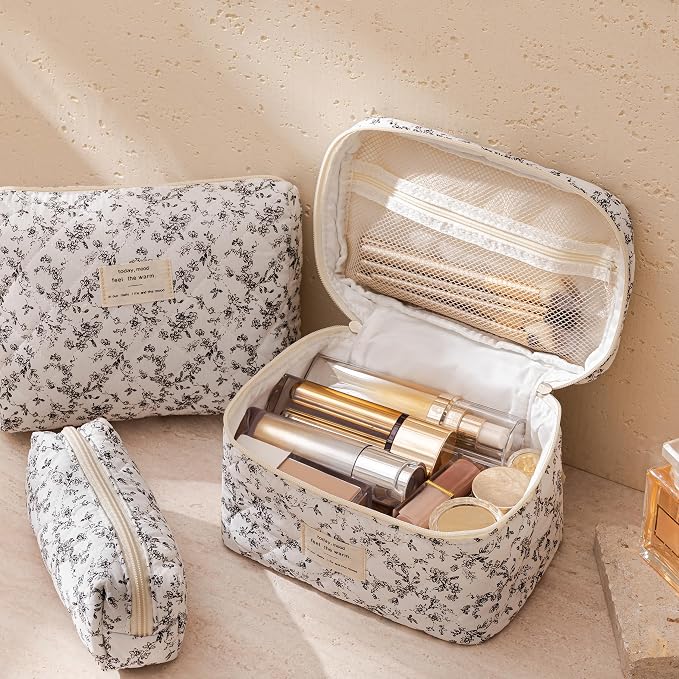 HBselect Quilted Makeup Bag, 3Pcs Cotton Large Travel Makeup Bags Organizer | Cute Floral Make up Bag Cosmetic Bag Toiletry Bag for Women Girls, Makeup Pouch for Skincare, Brushes & Travel Essentials - Image 3