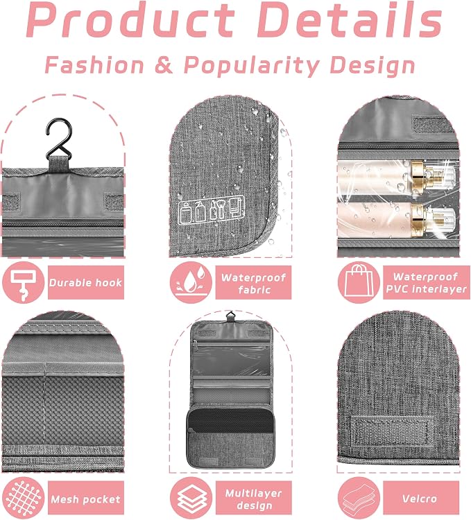 Toiletry Bag Travel Bag with Hanging Hook, Waterproof Shower Bathroom Hanging Toiletry Bag for Men Women,Small Multifunctional Makeup Cosmetic Bag,Portable Toiletries Bag Travel Organizer (Grey) | Small Multifunctional Makeup Cosmetic Bag,Waterproof Sh... - Image 3
