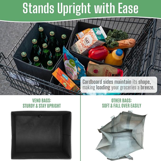 VENO 3 Pack Reusable Grocery Shopping Bags Utility Tote w/Sturdy Handles | Heavy Duty Storage Box with Hard Bottom, Foldable Picnic Basket for Groceries Shopping Cart Trunk Organizer(Black, 6 Gallon) - Image 7