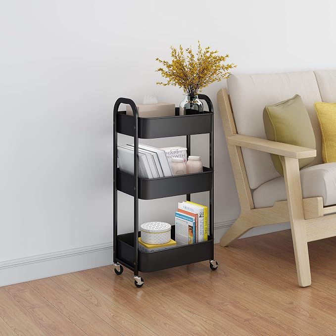 3-Tier Rolling Utility Cart with Caster Wheels Easy Assembly, Black | Easy Assembly, multi-purpose storage trolley for kitchen, rolling cart with smooth caster wheels for bathroom - Image 4