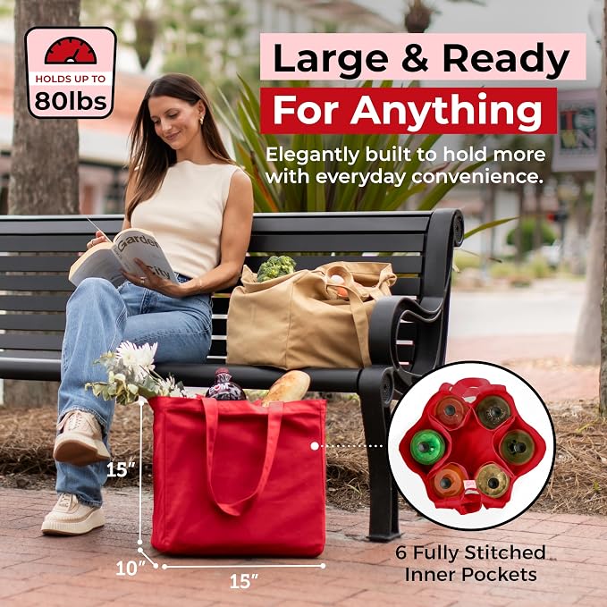 VeraMia Canvas Grocery Bag 3pc XL Set with Real Pockets, Long Shoulder Strap and Short Handle. Heavy Duty, Foldable, Washable - Image 2