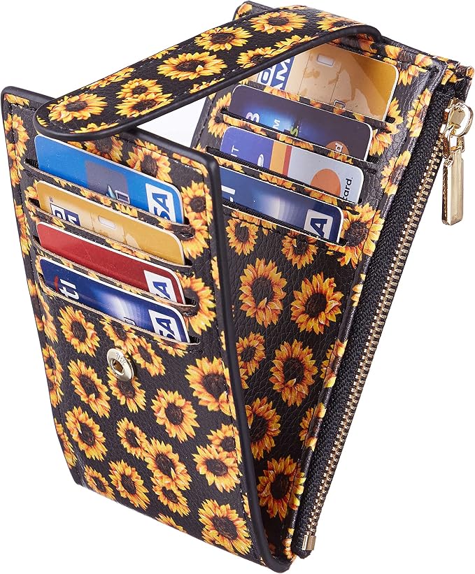 Chelmon Women's RFID Slim Card Holder Wallet | Thin Bifold Multi Card Case with Zipper Coin Pocket Purse for Women(Sunflower) - Image 6