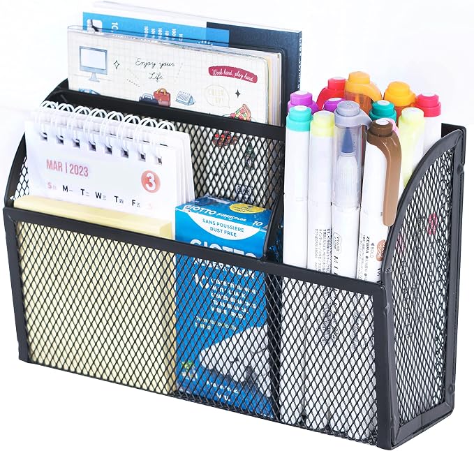 3-Grid Magnetic Pencil Holder, Strong Magnet Locker Organizer, Black | Mesh Magnetic Shelf, Marker Holder Perfect for Whiteboard, Refrigerator and Locker Accessories by DALTACK