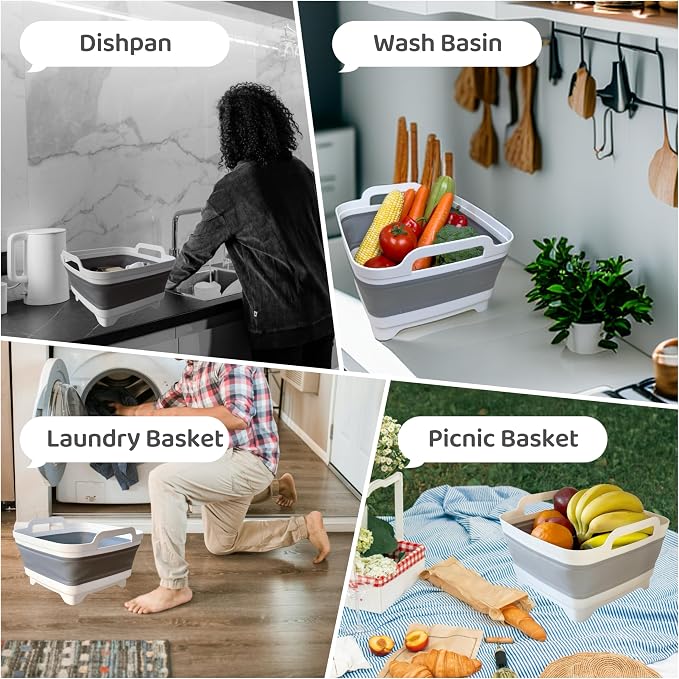 Collapsible Wash Basin with Drain Plug - 2.4 Gallon Foldable Kitchen Sink for Baby Bottles, RV Camping, Space-Saving Dish Tub (Gray-Gray) - Image 8