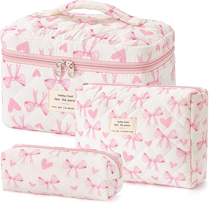 HBselect Quilted Makeup Bag, 3Pcs Cotton Large Travel Makeup Bags Organizer | Cute Floral Make up Bag Cosmetic Bag Toiletry Bag for Women Girls, Makeup Pouch for Skincare, Brushes & Travel Essentials by HBselect