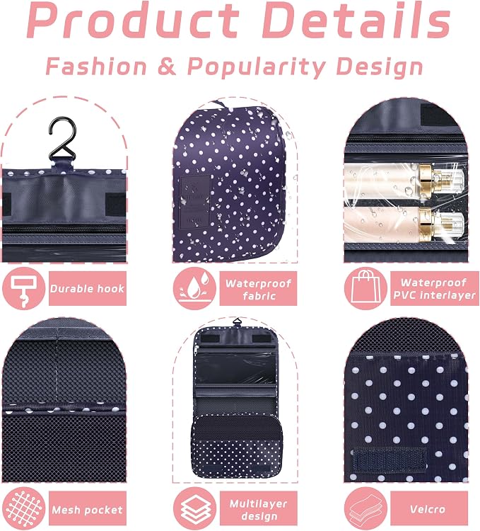 Toiletry Bag Travel Bag with Hanging Hook for Women and Men,Navy Dot | Waterproof Small Capacity Hanging Multifunctional Makeup Bag for Toiletries, Portable Cosmetic Bag Travel Organizer - Image 3