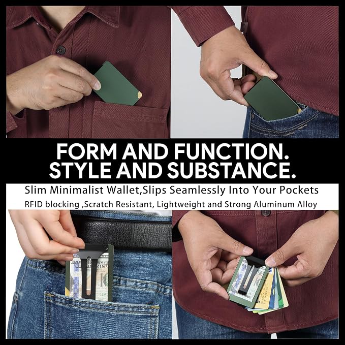Minimalist Wallet for Men, Slim Metal RFID Blocking Wallet Credit Card Holder Money Clip & Cash Strap, Scratch-Resistant Holds 15 Cards,Ideal Gift for Men | -Matt Green - Image 6
