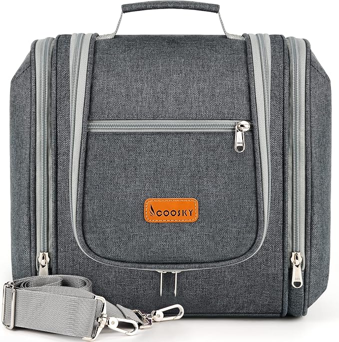Hanging Toiletry Bag for Women & Men, Cruise Ship Travel Essentials, Holds Full Size Shampoo, with Dry and Wet Separation Cosmetic Bag, Makeup Organizer Bag, Bathroom Water-resistant Bag, Grey by COOSKY