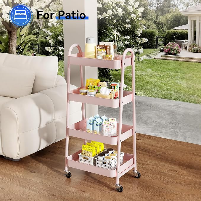 NEWBULIG 4-Shelf Metal Rolling Storage Utility Cart with Lockable Wheels | Mobile Organizer Shelf, Space-Saving, Freestanding, Bathroom, Living Room, Slim, Narrow Corner Spaces, Pink - Image 8
