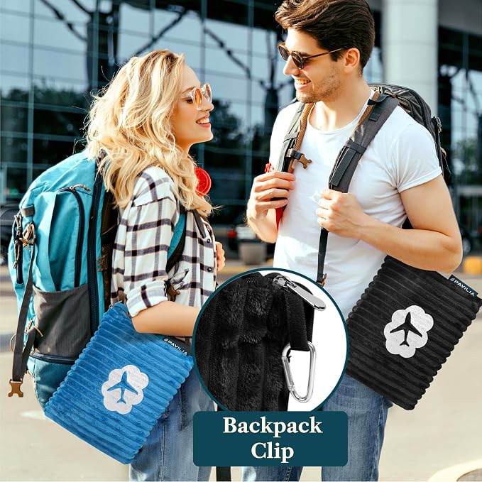PAVILIA Travel Blanket Pillow, Soft Ribbed Fleece Airplane Blanket, Black | 65x40, Compact Packable Plane Throw with Bag, Luggage Strap and Back Pocket, Cozy Flight Essentials Travelers Camping Gift - Image 4