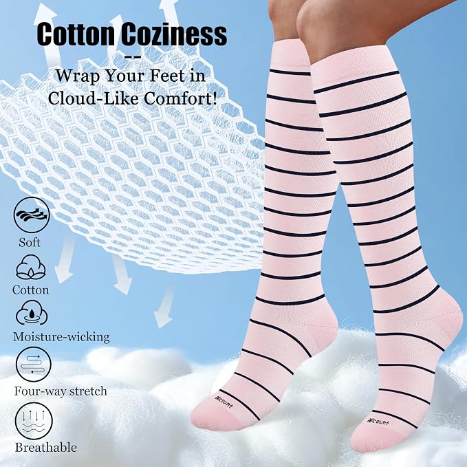 Cotton Compression Socks for Women&Men 15-20mmHg Knee High Cute Support Sock for Nurses, Pregnant Women, Travel - Image 2