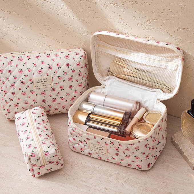 HBselect Quilted Makeup Bag, 3Pcs Cotton Large Travel Makeup Bags Organizer | Cute Floral Make up Bag Cosmetic Bag Toiletry Bag for Women Girls, Makeup Pouch for Skincare, Brushes & Travel Essentials - Image 2