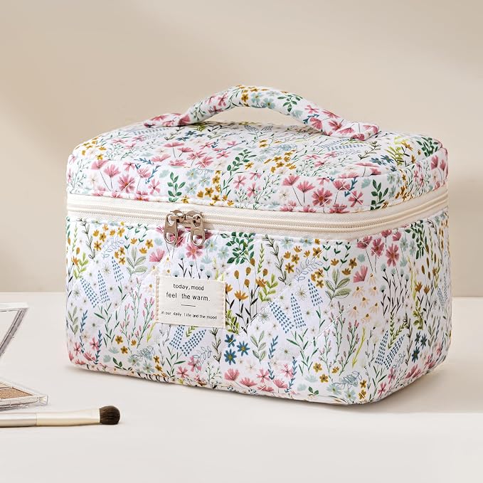 HBselect Quilted Makeup Bag, 3Pcs Cotton Large Travel Makeup Bags Organizer | Cute Floral Make up Bag Cosmetic Bag Toiletry Bag for Women Girls, Makeup Pouch for Skincare, Brushes & Travel Essentials - Image 6