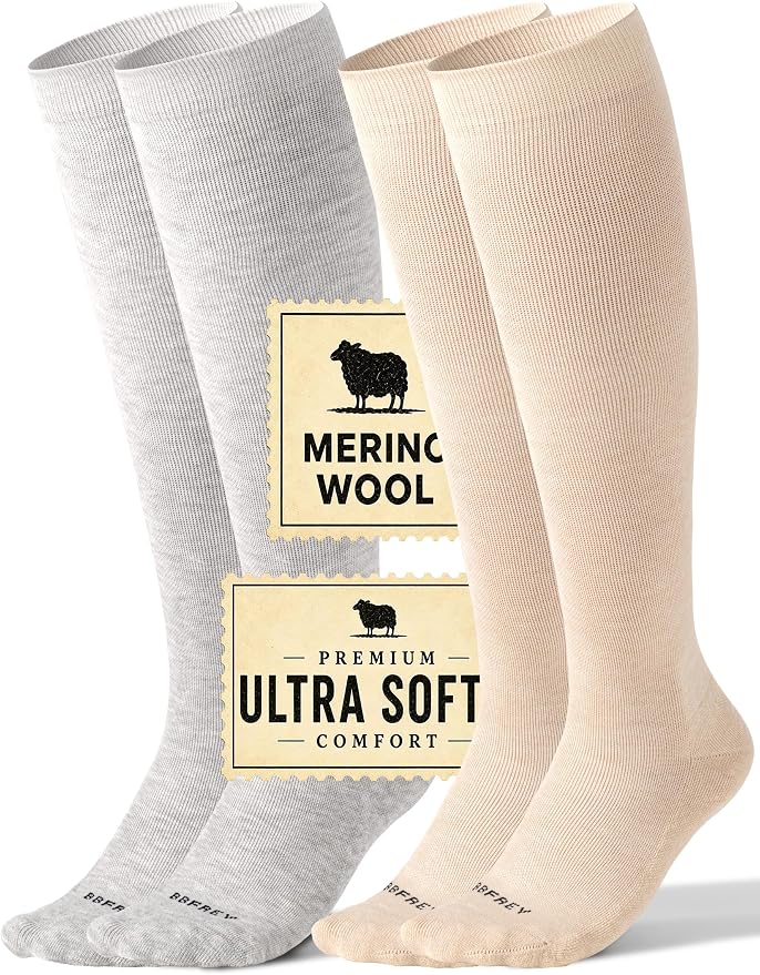 Silky-Soft Merino Wool Compression Socks 15-20 mmHg for Women & Men 2 Pairs | High-Stretch Adaptive Fit | Moisture-Wicking & Breathable | Seamless Toe| Cushioned Sole | Ideal for Flying, Travel & Running by Bbfrey