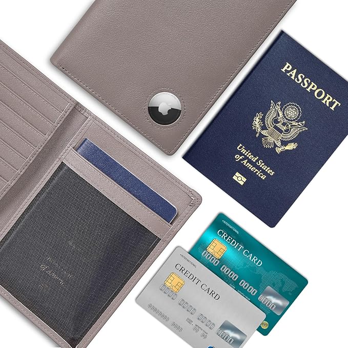 Polare Leather AirTag Passport Holder RFID Blocking Travel Bifold Wallet | Luxury Napa Cowhide Leather, AirTag Slot, Vintage Passport Cover Case, International Travel Wallet, Grey - Image 2
