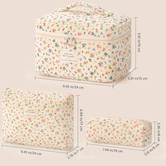 HBselect Quilted Makeup Bag, 3Pcs Cotton Large Travel Makeup Bags Organizer | Cute Floral Make up Bag Cosmetic Bag Toiletry Bag for Women Girls, Makeup Pouch for Skincare, Brushes & Travel Essentials - Image 6