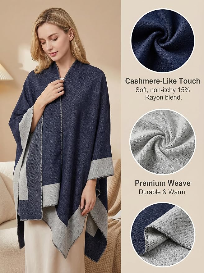 Shawl Wraps for Women Reversible Open Front Ruana Poncho Soft Cozy Cardigan for Fall and Winter - Image 4
