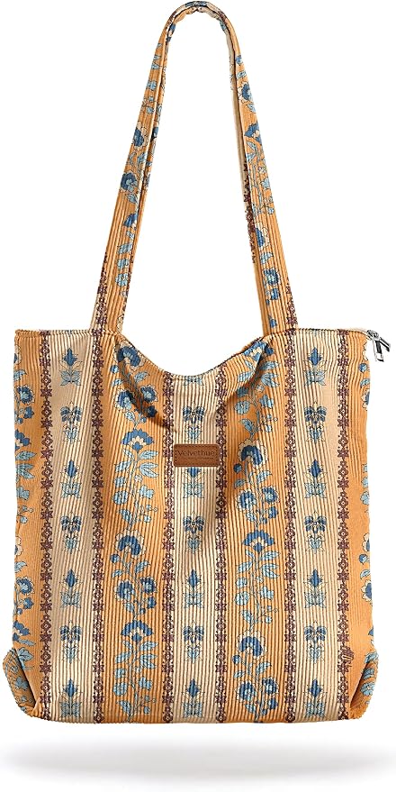 Aesthetic Corduroy Tote Bag with Zipper for Women | Reusable, Fits 14 Inch Laptop, Inner Pocket, double-sided print, Lightweight by VelvetHue