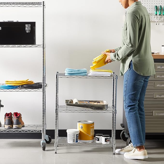 Amazon Basics 3-Shelf Adjustable Heavy Duty Steel Wire Shelving Rack with Chrome Finish, No-Tool Assembly, 250 lbs per Shelf, 23.2" L x 13.4" W x 30" H - Image 8