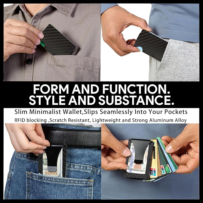 Carbon Fiber Minimalist Wallet for Men, Slim Metal RFID Blocking Wallet Credit Card Holder Money Clip & Cash Strap, Scratch-Resistant Holds 15 Cards,Ideal Gift for Men | Matt Carbon Fiber - Image 6
