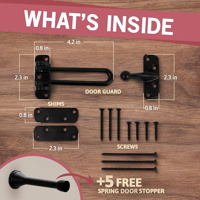 Jack N’ Drill Swing Bar Door Lock Durable Door Guard for Back & Front Doors, Childproof Door Security Made from Reinforced Diecast Metal for Home Security (Black, 1 Pack & 5 Door Stop) - Image 2