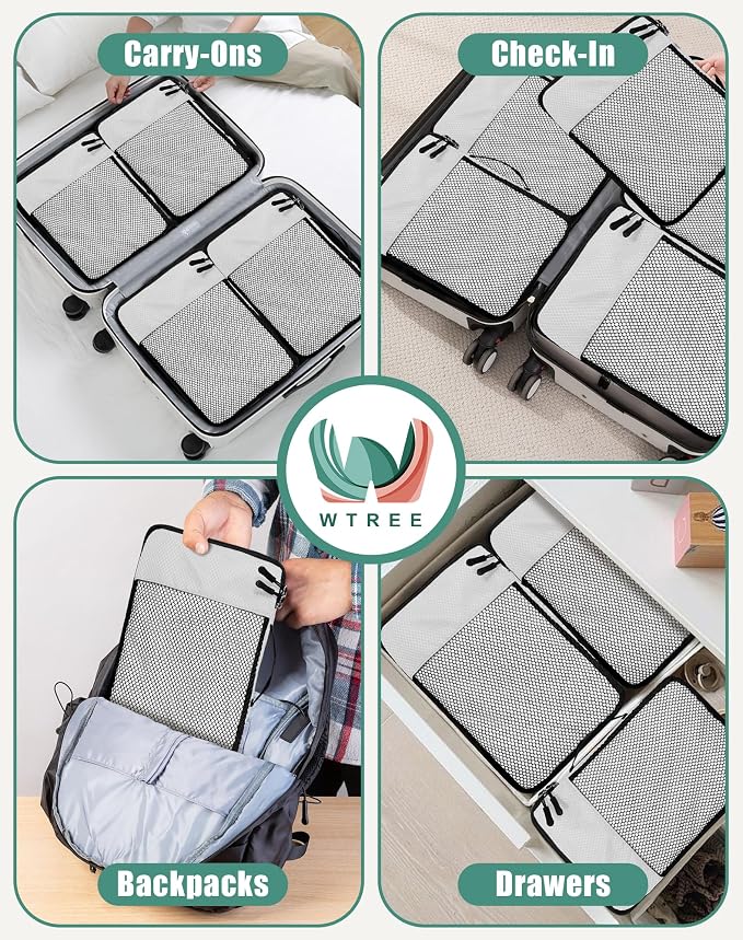 WTREE 4-Piece Packing Cubes Travel Accessories Set for Suitcases - Luggage Organizer Bags with Double Zipper - Mesh Top - Medium - Beige - Image 7