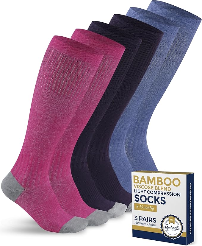 Pembrook® Bamboo Viscose Light Compression Socks - 3 Pairs | 8-15 mmhg Compression Socks | Knee High Comfort Support Socks by Pembrook
