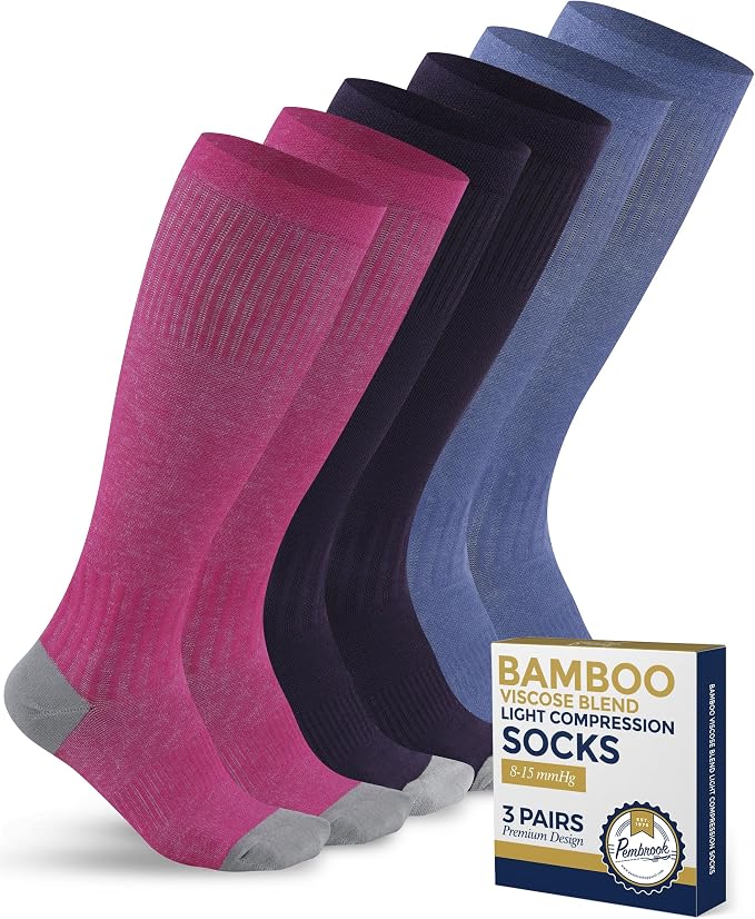 Pembrook® Bamboo Viscose Light Compression Socks - 3 Pairs | 8-15 mmhg Compression Socks | Knee High Comfort Support Socks by Pembrook