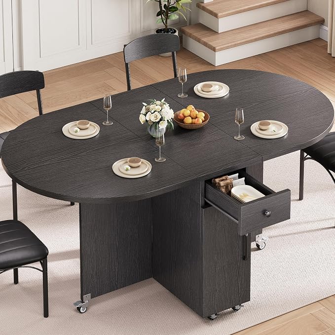 Jocoevol Round Folding Dining Table for 4, Space Saving Drop Leaf Kitchen Table with Storage Drawer, 6 Wheels Oval Gateleg Foldable Dining Table for Small Spaces(Black 47 * 23.6 * 30) by JOCOEVOL