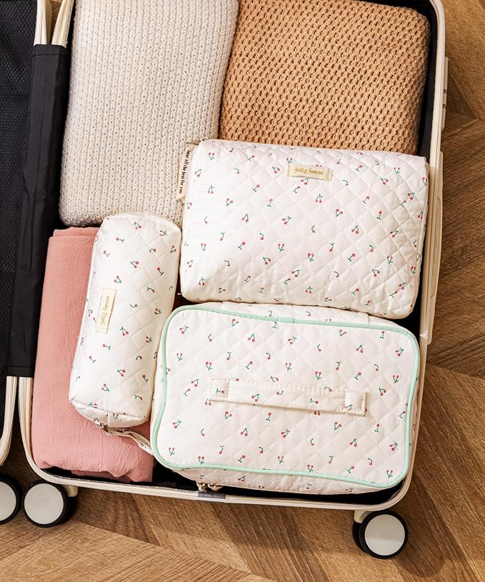 HBselect Quilted Makeup Bag, 3Pcs Cotton Large Travel Makeup Bags Organizer | Cute Floral Make up Bag Cosmetic Bag Toiletry Bag for Women Girls, Makeup Pouch for Skincare, Brushes & Travel Essentials - Image 3