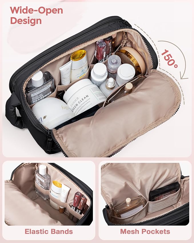Marscamd Travel Toiletry Bag for Women, Wide-Open Makeup Organizer, Black | 150° wide opening, water-resistant fabric, stain-resistant pocket flap & lightweight carry - Image 2