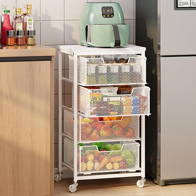 4-Tier Kitchen Storage Cart - Fruit Vegetable Storage Cart with Drawers, Wooden Top Metal Wire Kitchen Organizer and Storage Cart with Wheels to Storage Onions Potatoes Cans Snacks for Kitchen by FollowWithYociyogaTogether