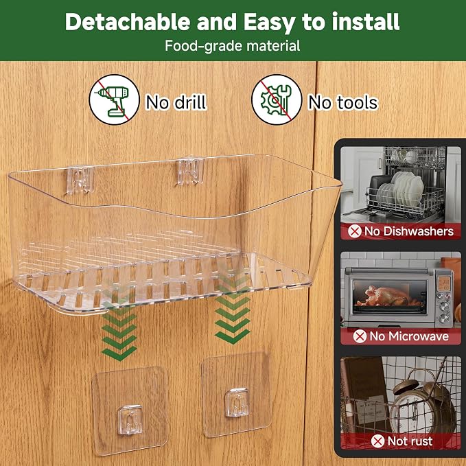 8-Pack Adhesive Pantry Organizers and Storage, Large Cabinet Door Organizer | 11.4" Long, Space Saving, Drain Bottom, Clear Plastic Storage Bins for Kitchen, Bathroom, Refrigerator, Countertop,Under Sink - Image 5
