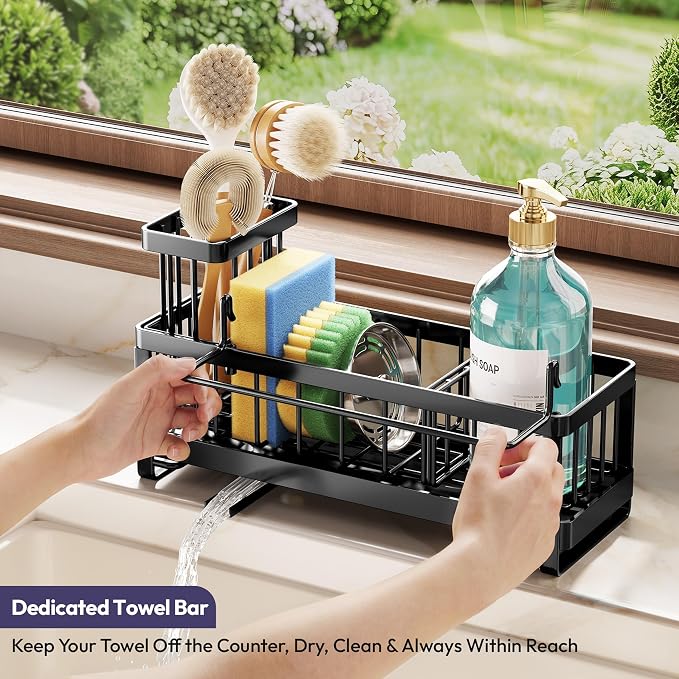 SWTYMIKI Sponge Holder for Kitchen Sink - Sink Caddy with Brush Holder Self-draining Sponge Caddy Organizer with Divider Stainless Steel Kitchen Accessories Storage for Countertop, Black - Image 5