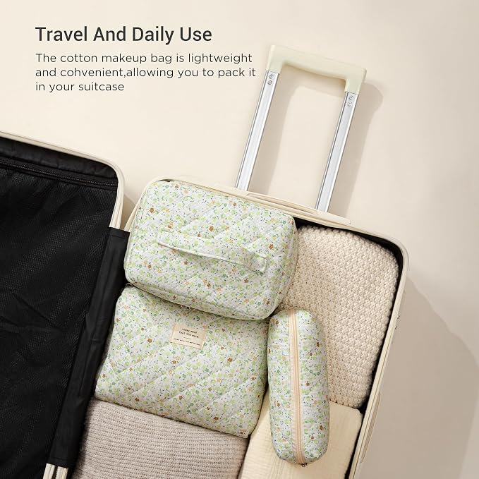 HBselect Quilted Makeup Bag, 3Pcs Cotton Large Travel Makeup Bags Organizer | Cute Floral Make up Bag Cosmetic Bag Toiletry Bag for Women Girls, Makeup Pouch for Skincare, Brushes & Travel Essentials - Image 4