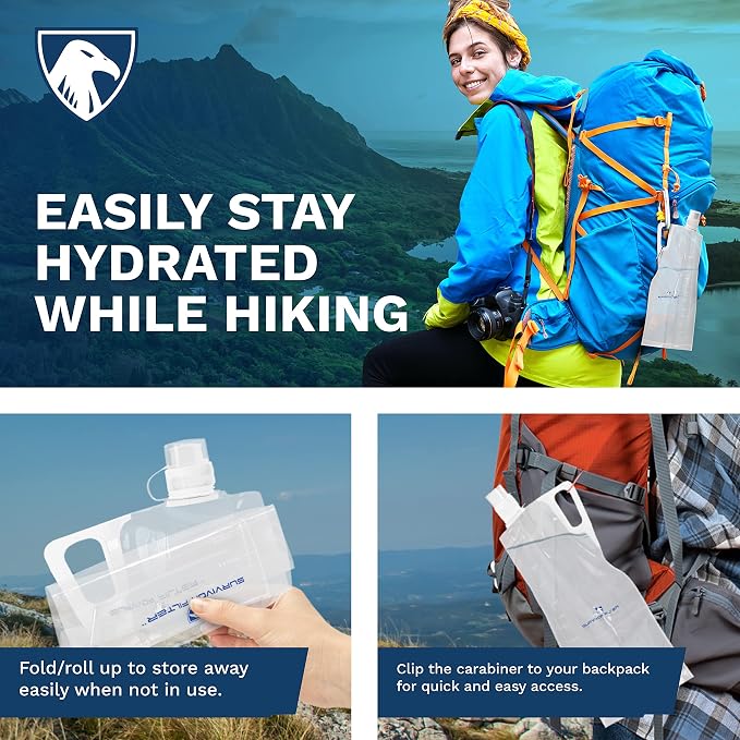 Survivor Filter Clear Collapsible Water Bottles - Travel, Hiking, Foldable, BPA-Free - 2 x - Image 3