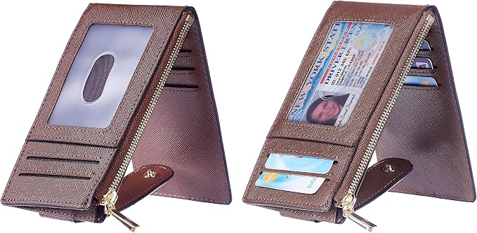 Chelmon Women's RFID Slim Card Holder Wallet | Thin Bifold Multi Card Case with Zipper Coin Pocket Purse for Women(Deep Brown) - Image 2