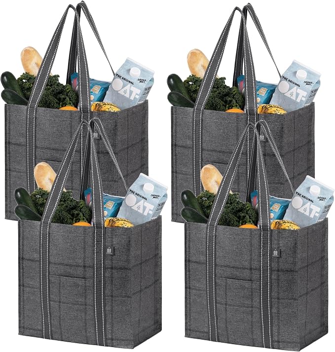 VENO 4 Pack Large Grocery Bag Reusable Shopping Bags with Hard Bottom | Utility Tote with Reinforced Handles, Heavy Duty, Foldable, Stand Upright, for Groceries Shopping Cart (Windowpane, 4 Pack) by Veno
