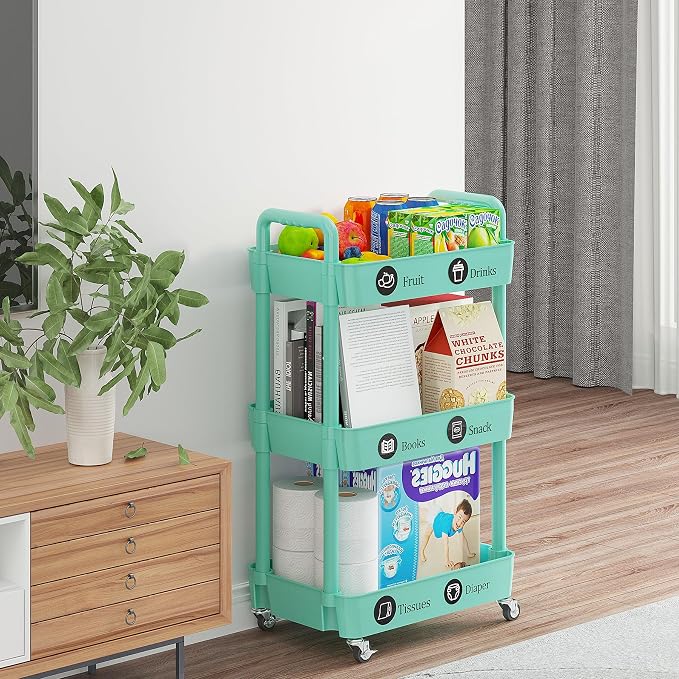 Laiensia 3-Tier Rolling Cart with Wheels,Multifunction Utility Storage Carts, Kitchen Storage Organizer,Mobile Shelving Unit for Bathroom,Laundry,with Classified Stickers,Green - Image 3