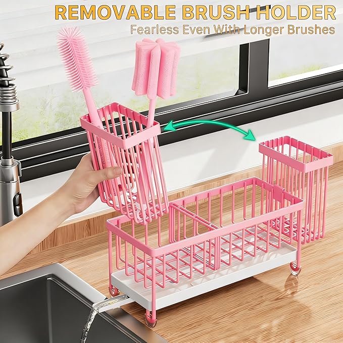 Cisily Sponge Holder for Kitchen Sink, Sink Caddy Organizer with High Brush Holder, Kitchen Countertop Organizers and Storage Essentials, Rustproof 304 Stainless Steel (Pink, 9.25″) - Image 5