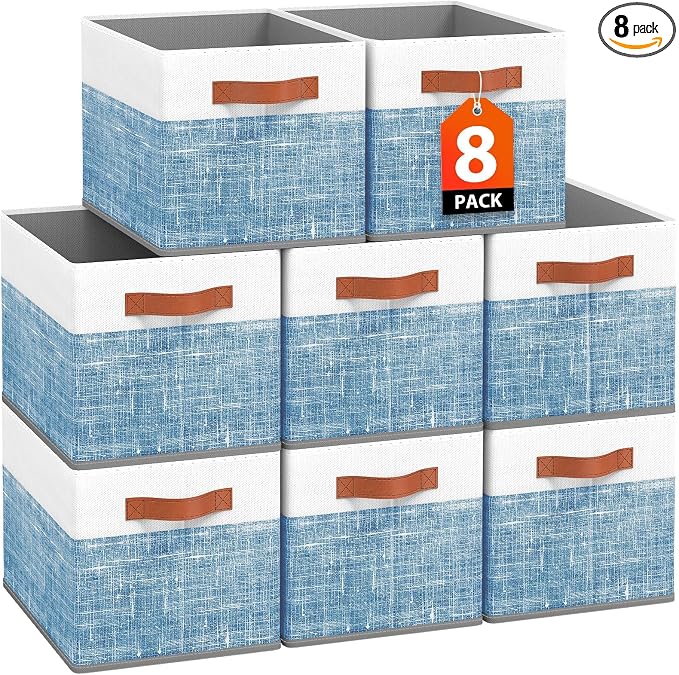 Collapsible Storage Baskets for Shelves,14"x10", 8 Pack Foldable Fabric Storage Bins with Double Leather Handles, Large Baskets for Organizing Books, Clothes, White & Blue by Fabtotes