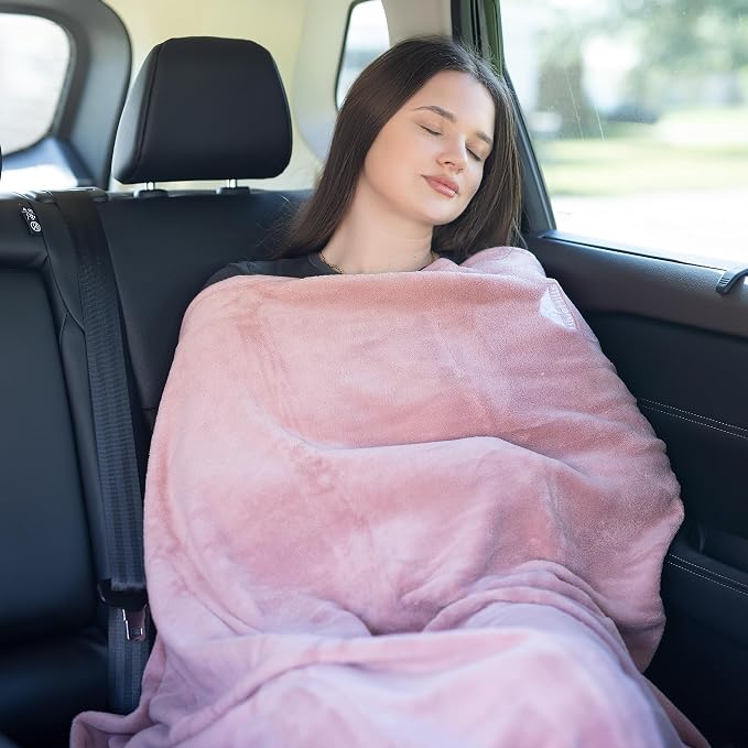 BlueHills Premium Soft Rolled Travel Blanket Airplane Long Flights - Pink | 70 X 48 Inches, Compact In A Bag, Long Flight Comfort, Backpack Carry, Ultra Soft, Large Size Car Blanket, Airplane Essential - Image 4