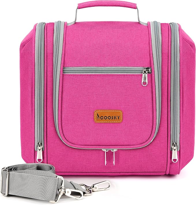 Hanging Travel Toiletry Bag for Women and Men, 6 Organizer Compartments, Extra Large Toiletries Bag, Bathroom Cosmetic Bag, Water-resistant Makeup Bag, Holds Full-Size Shampoo, Rose Red by COOSKY