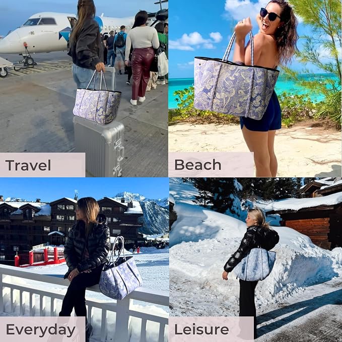 POPUPS Large Neoprene Tote Bag for Women - Everyday Designer Handbag for Travel Work and Beach with Pockets and Zipper Pouch - Image 2