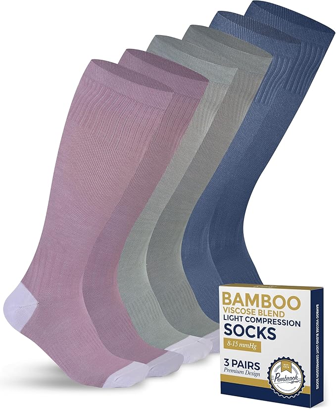 Pembrook® Bamboo Viscose Light Compression Socks - 3 Pairs | 8-15 mmhg Compression Socks | Knee High Comfort Support Socks by Pembrook